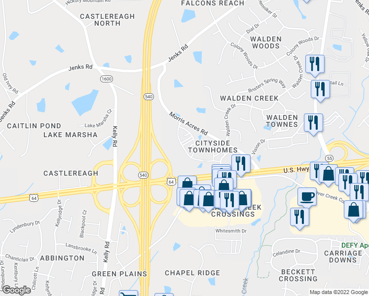 map of restaurants, bars, coffee shops, grocery stores, and more near 7201 Green Level Church Road in Apex