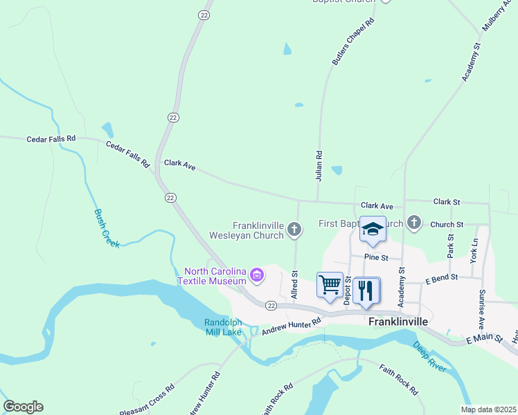 map of restaurants, bars, coffee shops, grocery stores, and more near 461 Clark Avenue in Franklinville