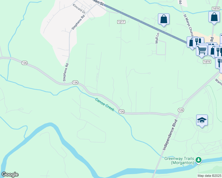 map of restaurants, bars, coffee shops, grocery stores, and more near 111 Beechmont Drive in Morganton
