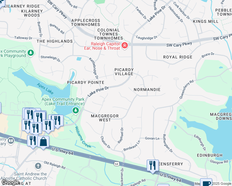 map of restaurants, bars, coffee shops, grocery stores, and more near 113 Tropez Lane in Cary