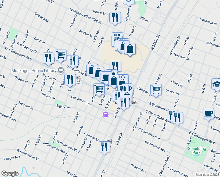map of restaurants, bars, coffee shops, grocery stores, and more near 323 West Broadway Street in Muskogee