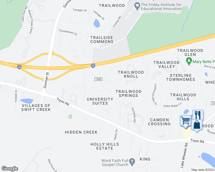 map of restaurants, bars, coffee shops, grocery stores, and more near 2216 Pauls Penny Lane in Raleigh