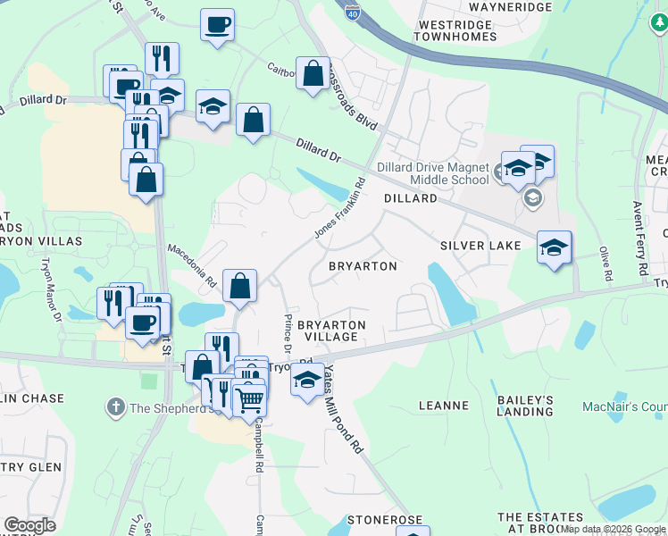 map of restaurants, bars, coffee shops, grocery stores, and more near in Raleigh