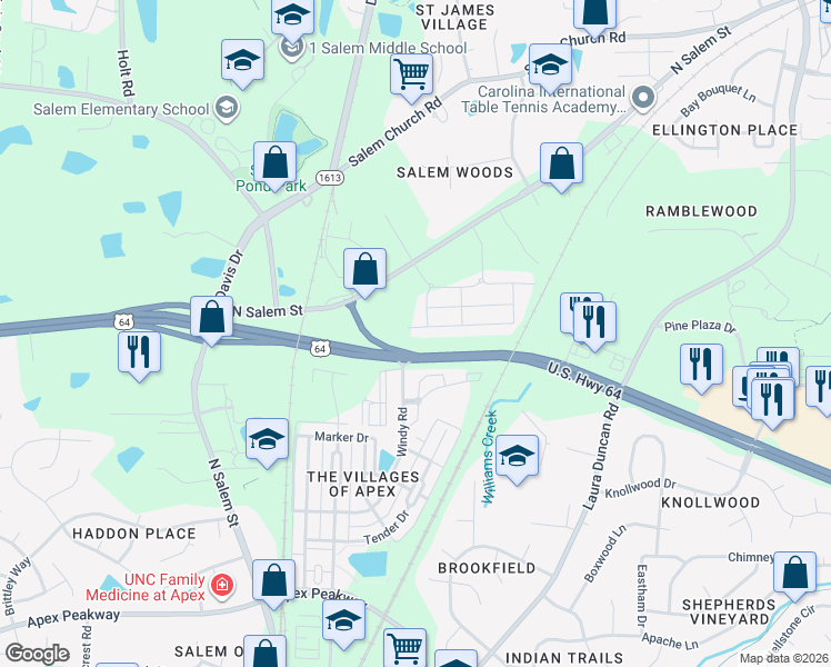 map of restaurants, bars, coffee shops, grocery stores, and more near 1087 Lathrop Lane in Apex