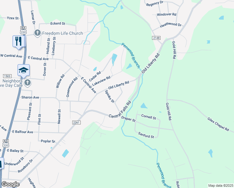 map of restaurants, bars, coffee shops, grocery stores, and more near 1913 Levance Street in Asheboro