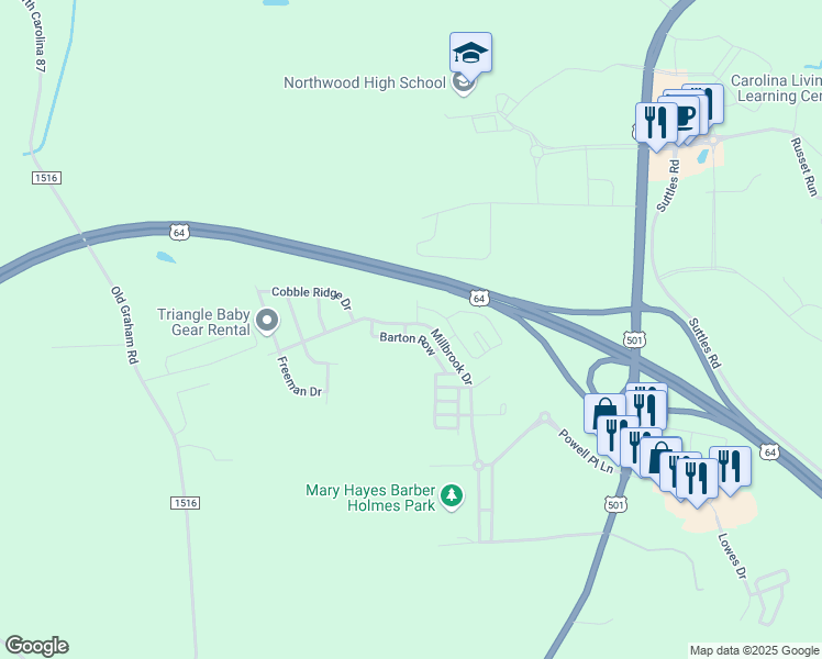 map of restaurants, bars, coffee shops, grocery stores, and more near 573 Millbrook Drive in Pittsboro