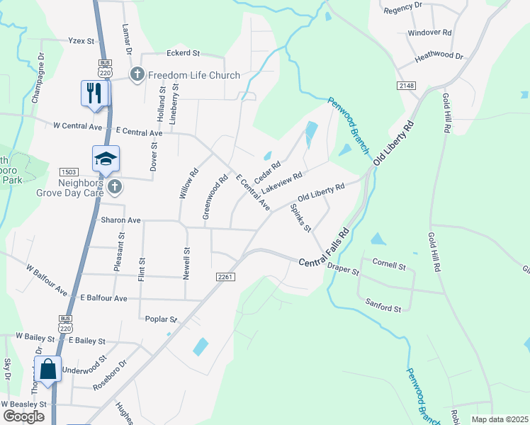 map of restaurants, bars, coffee shops, grocery stores, and more near 612 East Central Avenue in Asheboro