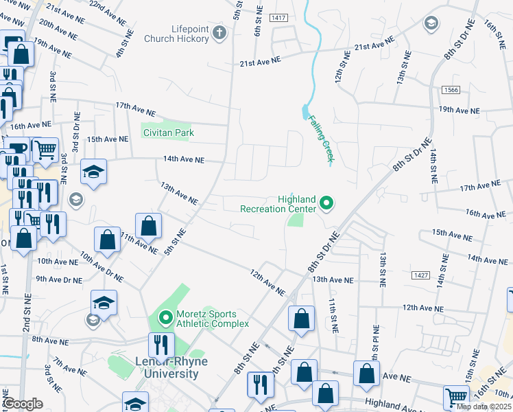 map of restaurants, bars, coffee shops, grocery stores, and more near 1330 5th Street Northeast in Hickory