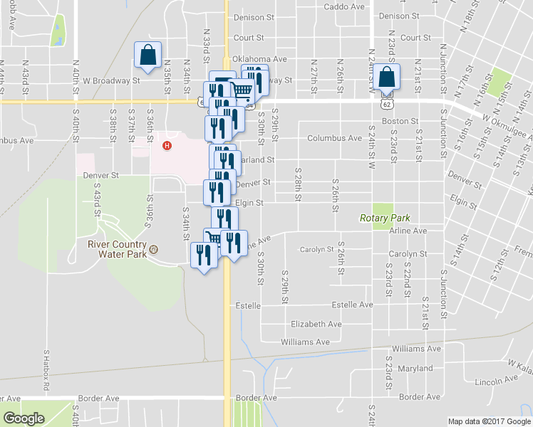 map of restaurants, bars, coffee shops, grocery stores, and more near 604 South 30th Street in Muskogee