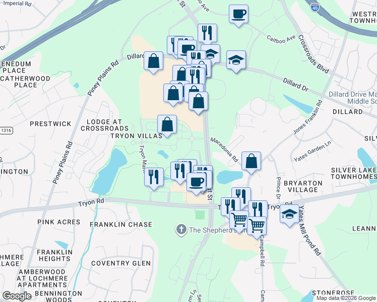 map of restaurants, bars, coffee shops, grocery stores, and more near 8735 Macedonia Lake Drive in Cary