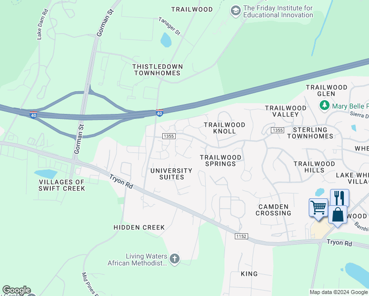 map of restaurants, bars, coffee shops, grocery stores, and more near 2216 Pauls Penny Lane in Raleigh