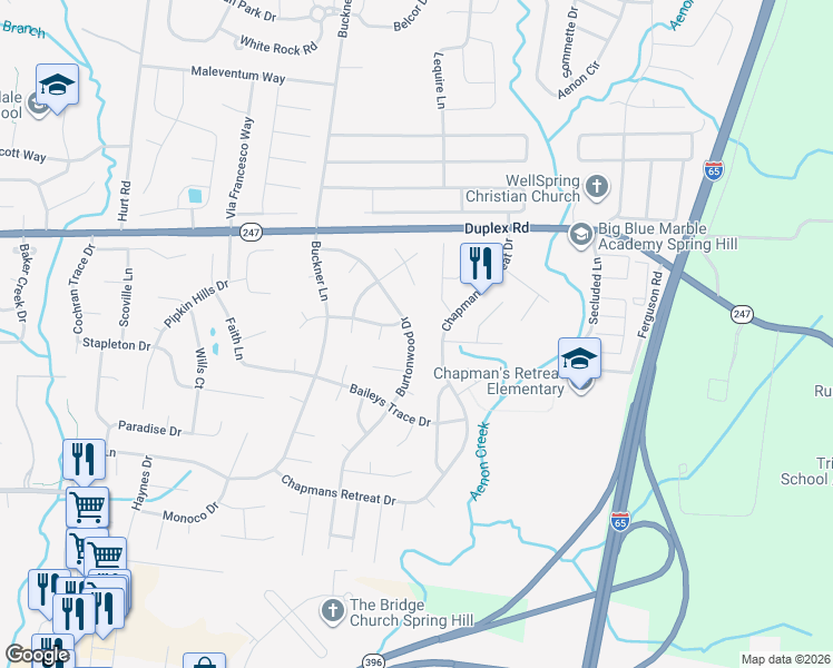 map of restaurants, bars, coffee shops, grocery stores, and more near 2936 Burtonwood Drive in Spring Hill