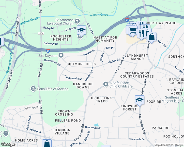 map of restaurants, bars, coffee shops, grocery stores, and more near 2313 Dandridge Drive in Raleigh