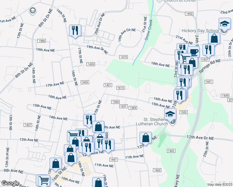 map of restaurants, bars, coffee shops, grocery stores, and more near 1891 15th Avenue Northeast in Hickory