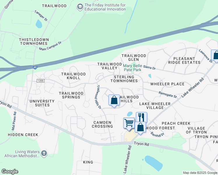 map of restaurants, bars, coffee shops, grocery stores, and more near 2321 Laurel Falls Lane in Raleigh
