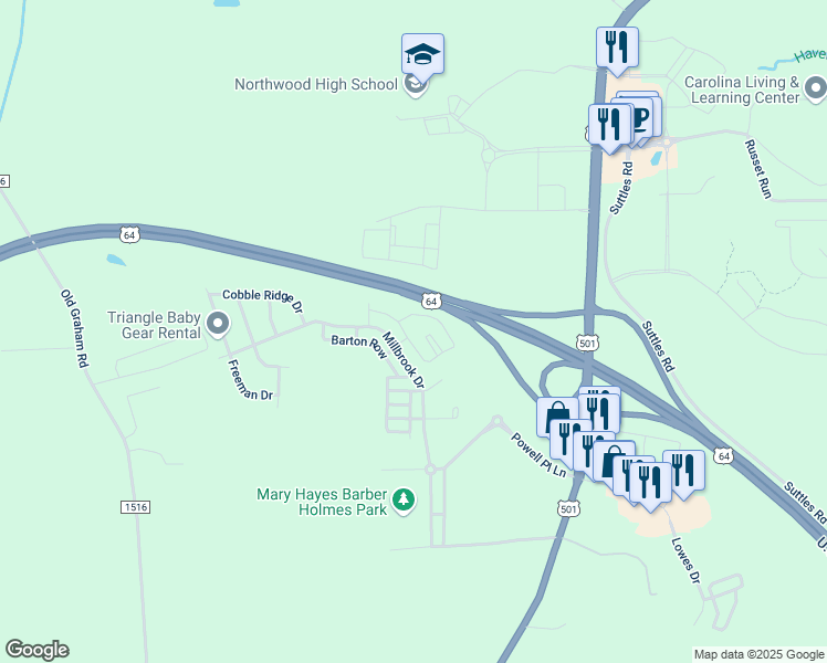 map of restaurants, bars, coffee shops, grocery stores, and more near 145 Retreat Drive in Pittsboro