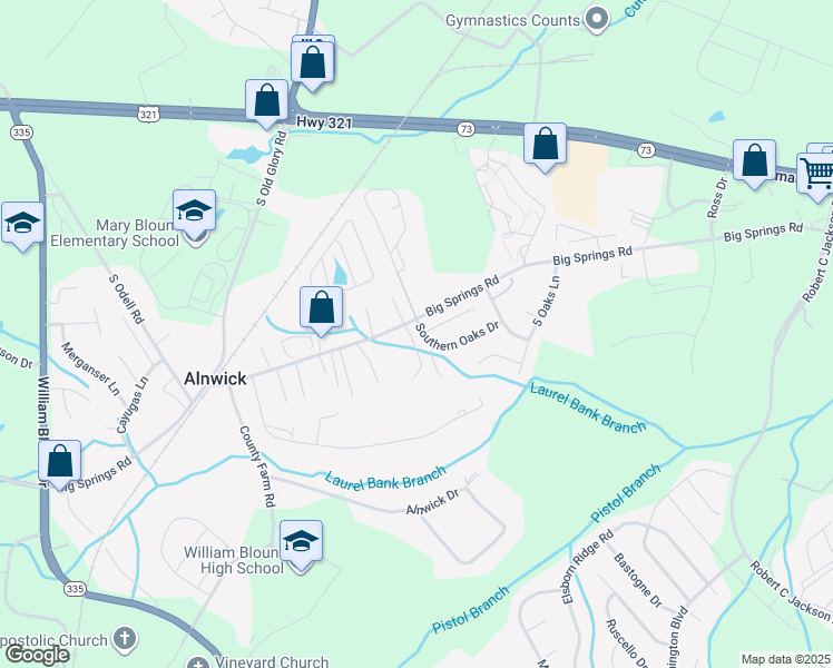 map of restaurants, bars, coffee shops, grocery stores, and more near 2045 Southern Oaks Drive in Maryville