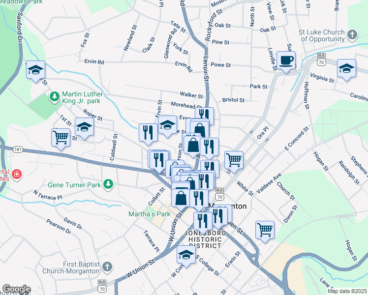 map of restaurants, bars, coffee shops, grocery stores, and more near 300 Patterson Street in Morganton