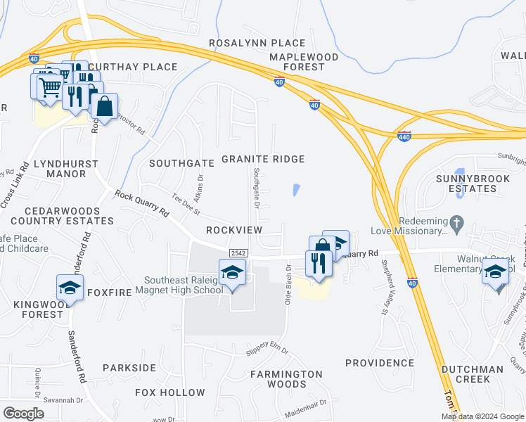 map of restaurants, bars, coffee shops, grocery stores, and more near 2704 Lead Crystal Court in Raleigh