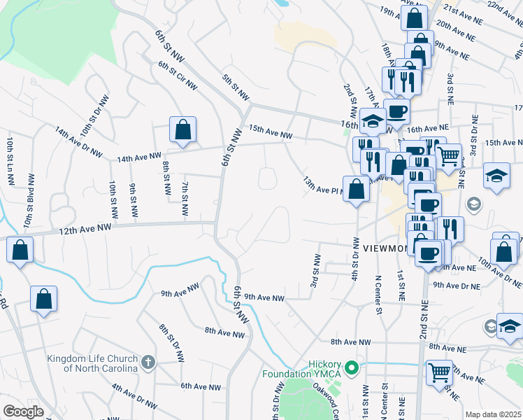 map of restaurants, bars, coffee shops, grocery stores, and more near 509 11th Avenue Place Northwest in Hickory
