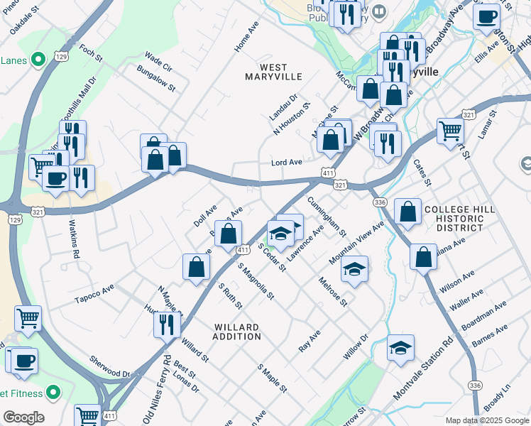 map of restaurants, bars, coffee shops, grocery stores, and more near 803 West Broadway Avenue in Maryville