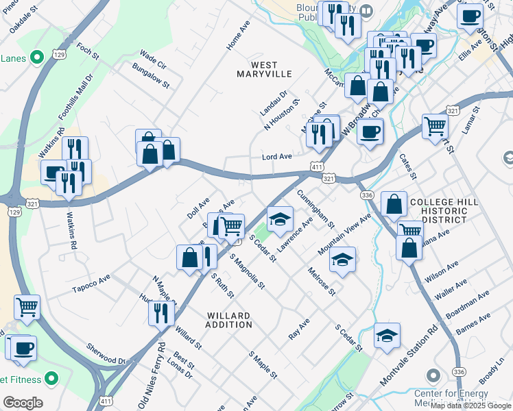 map of restaurants, bars, coffee shops, grocery stores, and more near 803 West Broadway Avenue in Maryville
