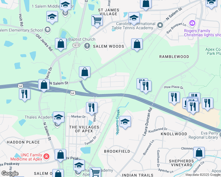 map of restaurants, bars, coffee shops, grocery stores, and more near 1047 Lathrop Lane in Apex