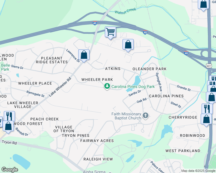 map of restaurants, bars, coffee shops, grocery stores, and more near 1700 Sierra Drive in Raleigh