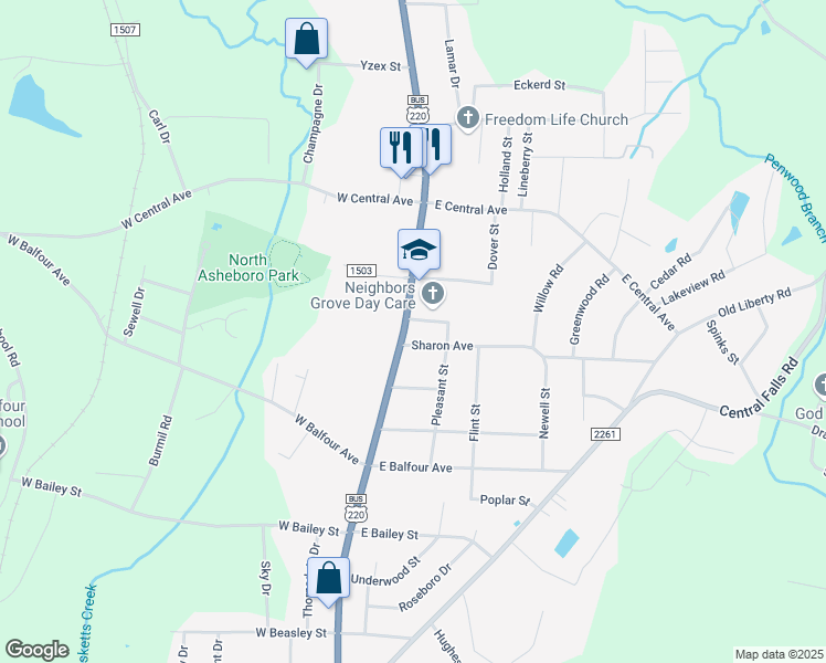 map of restaurants, bars, coffee shops, grocery stores, and more near 1904 North Fayetteville Street in Asheboro