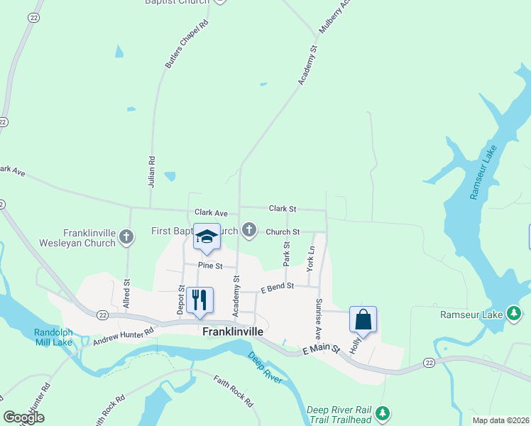 map of restaurants, bars, coffee shops, grocery stores, and more near 154 Clark Street in Franklinville