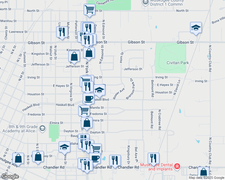 map of restaurants, bars, coffee shops, grocery stores, and more near 702 Risser Place in Muskogee
