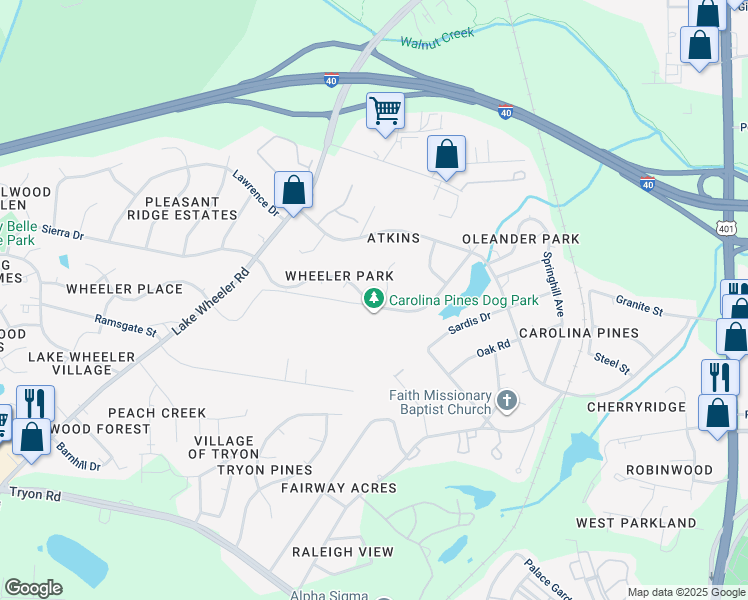 map of restaurants, bars, coffee shops, grocery stores, and more near 1700 Sierra Drive in Raleigh