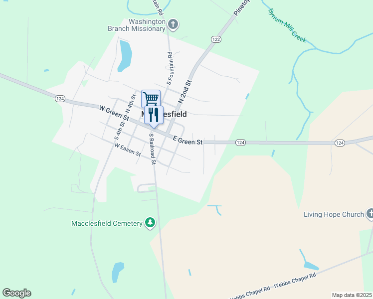 map of restaurants, bars, coffee shops, grocery stores, and more near 103 South Railroad Street in Macclesfield