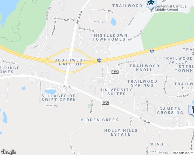 map of restaurants, bars, coffee shops, grocery stores, and more near 2011 Wolfmill Drive in Raleigh