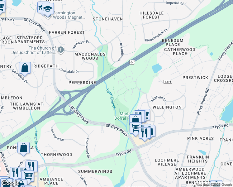 map of restaurants, bars, coffee shops, grocery stores, and more near in Cary