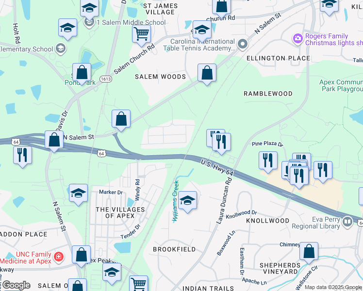 map of restaurants, bars, coffee shops, grocery stores, and more near 1009 Lathrop Lane in Apex