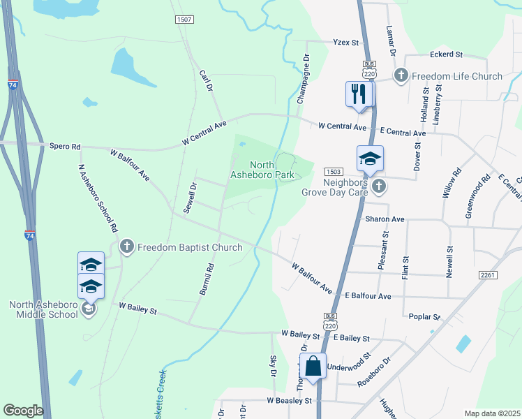map of restaurants, bars, coffee shops, grocery stores, and more near 1818 Saddlewood Court in Asheboro
