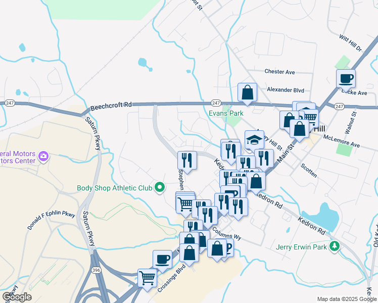 map of restaurants, bars, coffee shops, grocery stores, and more near 100 Bergen Drive in Spring Hill