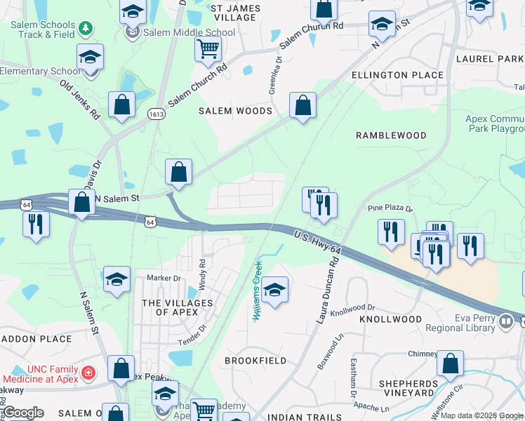 map of restaurants, bars, coffee shops, grocery stores, and more near 1009 Lathrop Lane in Apex