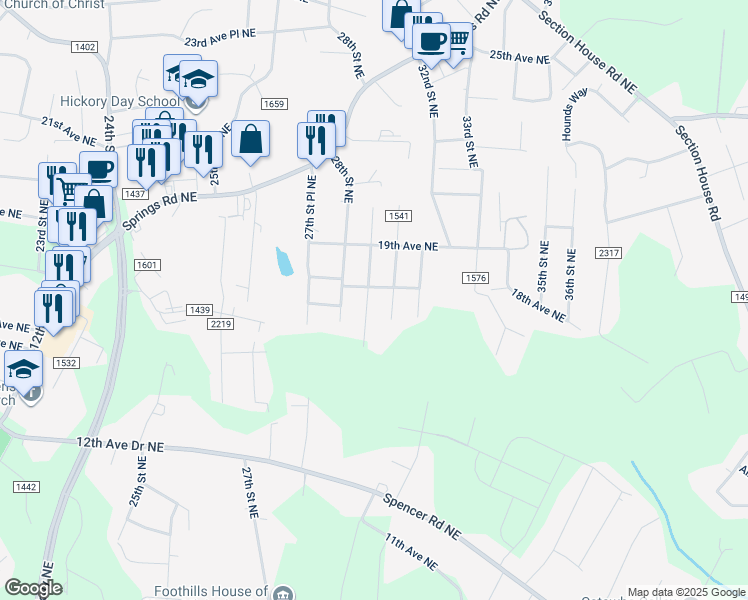 map of restaurants, bars, coffee shops, grocery stores, and more near 1744 29th Street Northeast in Hickory