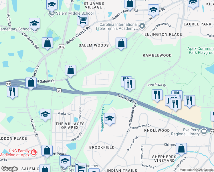 map of restaurants, bars, coffee shops, grocery stores, and more near 1009 Lathrop Lane in Apex