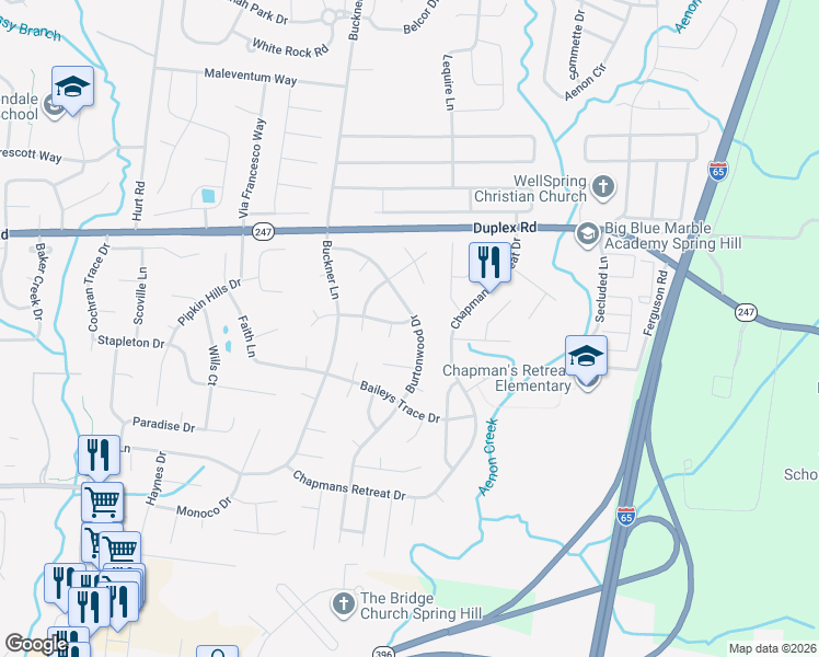 map of restaurants, bars, coffee shops, grocery stores, and more near 2936 Burtonwood Drive in Spring Hill