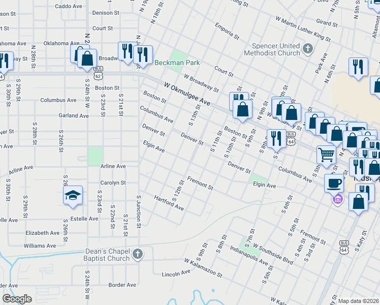 map of restaurants, bars, coffee shops, grocery stores, and more near 419 South 12th Street in Muskogee