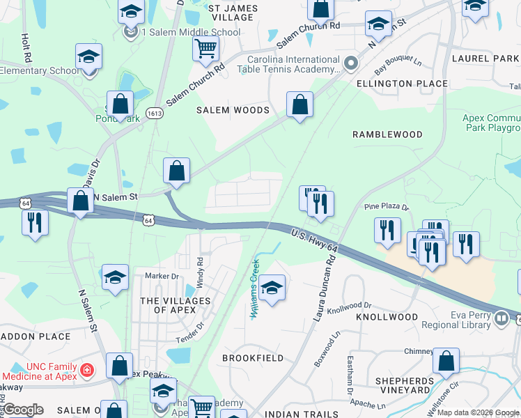 map of restaurants, bars, coffee shops, grocery stores, and more near 1009 Lathrop Lane in Apex