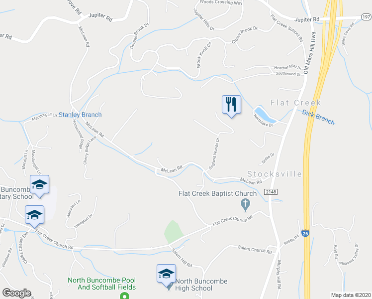 map of restaurants, bars, coffee shops, grocery stores, and more near 81 McLean Road in Weaverville