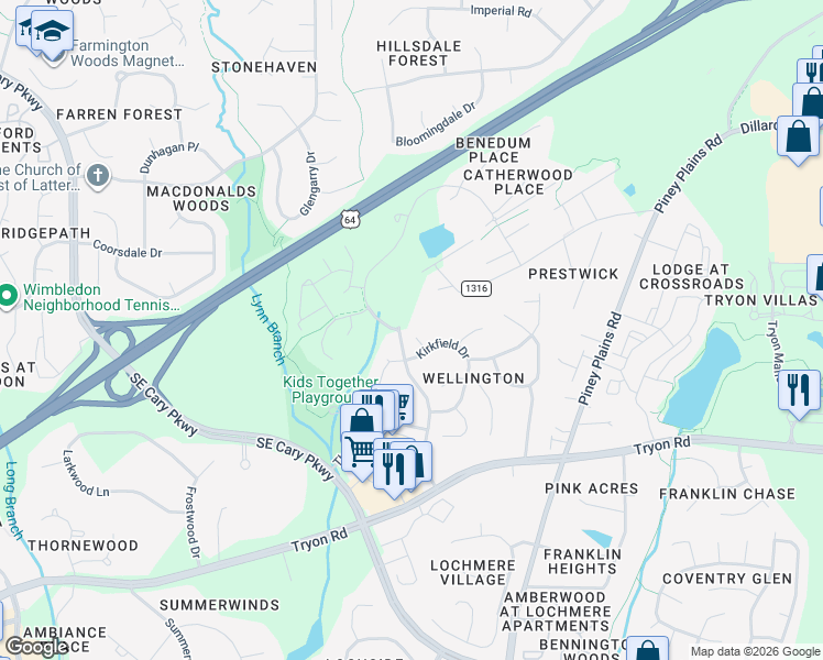map of restaurants, bars, coffee shops, grocery stores, and more near 106 Victoria Station Court in Cary