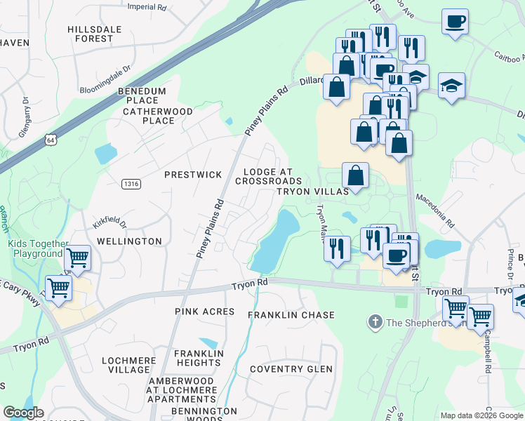 map of restaurants, bars, coffee shops, grocery stores, and more near 1134 Brisbane Woods Way in Cary