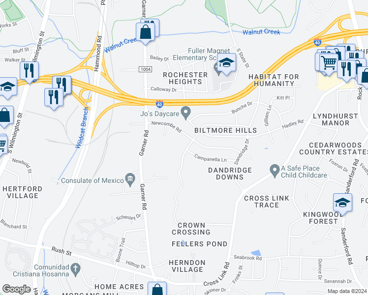 map of restaurants, bars, coffee shops, grocery stores, and more near 2412 Fitzgerald Drive in Raleigh