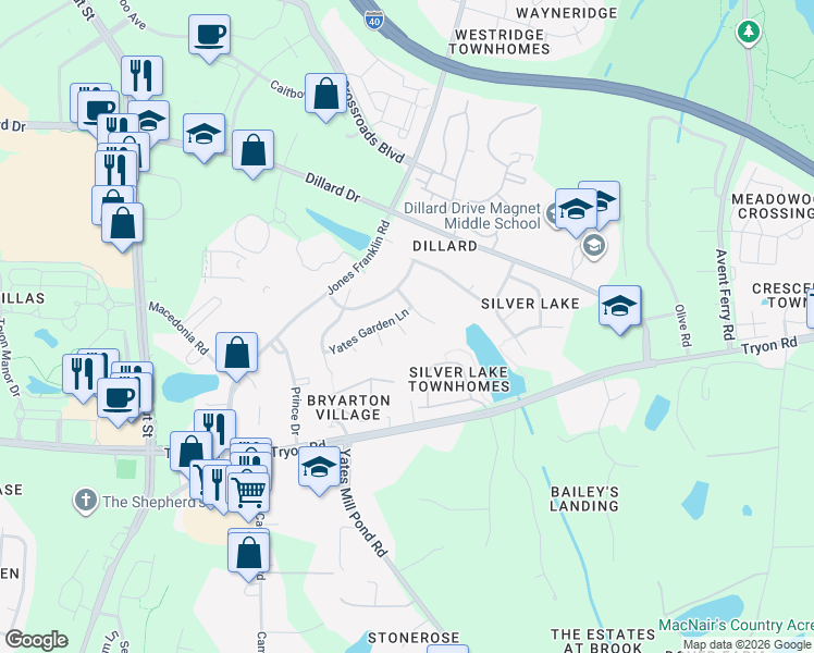 map of restaurants, bars, coffee shops, grocery stores, and more near 2405 Purple Martin Lane in Raleigh