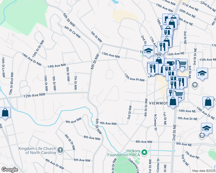 map of restaurants, bars, coffee shops, grocery stores, and more near 509 11th Avenue Place Northwest in Hickory